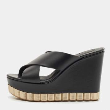 Salvatore Ferragamo Black Leather Nicosia Wedge Sandals Size 37