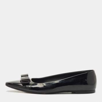 Pre Owned Salvatore Ferragamo Black Patent Leather Vara Bow Ballet Flats Size 37