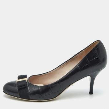 Pre Owned Salvatore Ferragamo Black Croc Embossed Leather Vara Bow Pumps Size 41.5