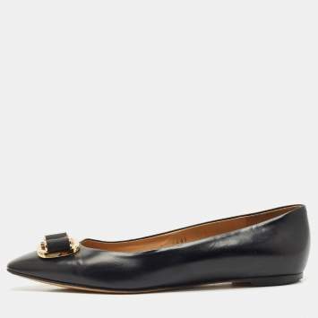 Pre Owned Salvatore Ferragamo Black Leather Vara Bow Ballet Flats Size 40.5