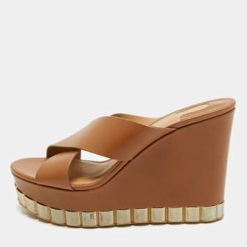 Pre Owned Salvatore Ferragamo Brown Leather Nicosia Wedge Sandals Size 39.5
