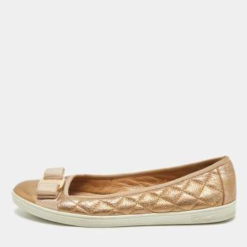 Salvatore Ferragamo Gold Quilted Leather Varina Ballet Flats Size 37.5