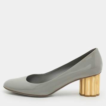 Salvatore Ferragamo Grey Patent Leather Lucca Block Heel Pumps Size 39.5