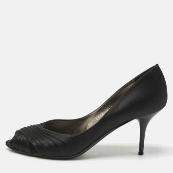 Pre Owned Salvatore Ferragamo Black Pleated Satin Societe Peep Toe Pumps Size 39.5
