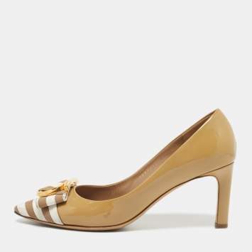 Pre Owned Salvatore Ferragamo Beige Grosgrain and Patent Leather Ezia Pumps Size 39.5