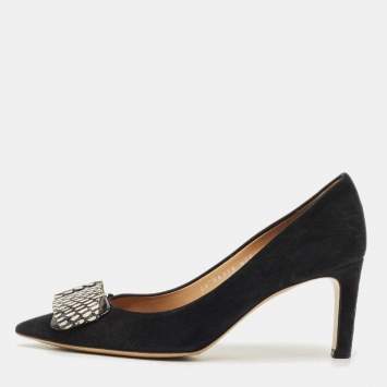 Pre Owned Salvatore Ferragamo Black Water Snakeskin and Suede Mimi Pumps Size 39.5