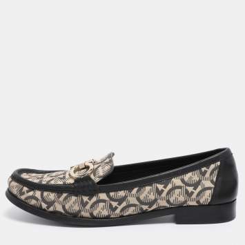 Salvatore Ferragamo Beige/Black Canvas and Leather Gancini Loafers Size 41