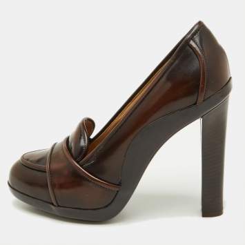 Salvatore Ferragamo Dark Brown Leather Loafer Platform Pumps Size 36.5