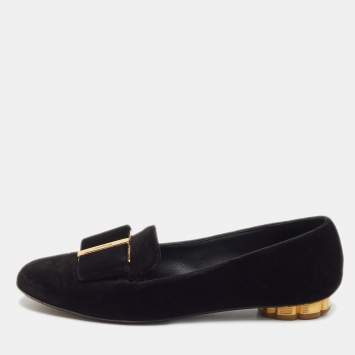 Pre Owned Salvatore Ferragamo Black Velvet Bow Sarno Flower Heel Loafers Size 36