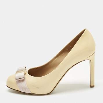 Pre Owned Salvatore Ferragamo Yellow Patent Leather Vara Bow Platform Pumps Size 38.5