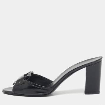 Pre Owned Salvatore Ferragamo Black Patent Leather Fringe Bow Slide Sandals Size 41