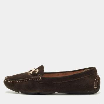 Pre Owned Salvatore Ferragamo Brown Suede Gancini Loafers Size 37.5