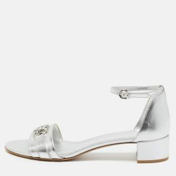 Pre Owned Salvatore Ferragamo Silver Leather Gancini Ankle Strap Sandals Size 40.5