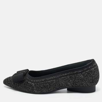 Pre Owned Salvatore Ferragamo Black/Gold Knit Fabric Varina Ballet Flats Size 38.5