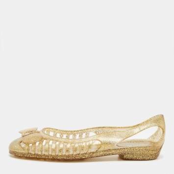 Pre Owned Salvatore Ferragamo Gold Glitter Jelly Bow Ballet Flats Size 37.5