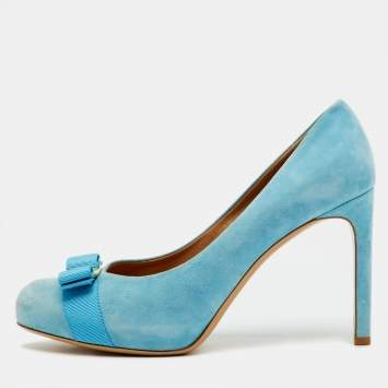 Pre Owned Salvatore Ferragamo Light Blue Suede Vara Bow Platform Pumps Size 40