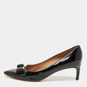Pre Owned Salvatore Ferragamo Black Patent Leather Vara Bow Pumps Size 40