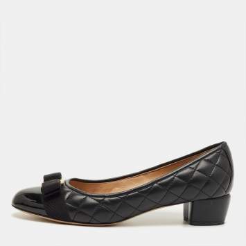 Pre Owned Salvatore Ferragamo Black Quilted Leather Vara Bow Block Heel Pumps Size 39.5