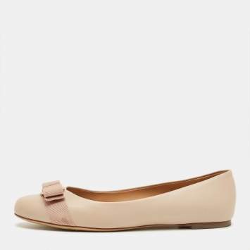 Pre Owned Salvatore Ferragamo Beige Leather Vara Bow Ballet Flats Size 38.5