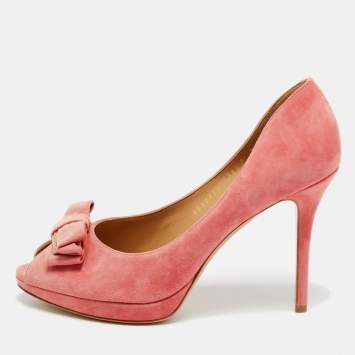 Pre Owned Salvatore Ferragamo Pink Suede Bow Peep Toe Pumps Size 39.5