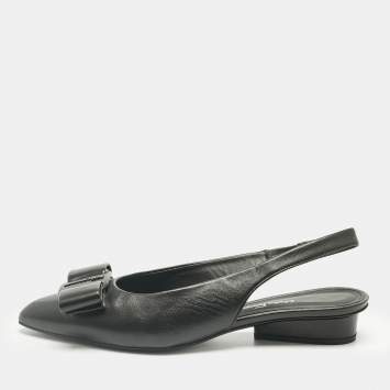 Pre Owned Salvatore Ferragamo Black Leather Viva Slingback Flats Size 38