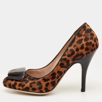 Pre Owned Salvatore Ferragamo Size 35.5 Brown/Black Leopard Calf Hair and Leather Bow Detail Pumps 