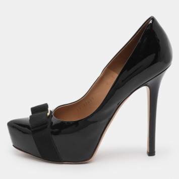 Pre Owned Salvatore Ferragamo Trilly Size 38.5 Black Patent Leather Platform Pumps