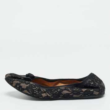Pre Owned Salvatore Ferragamo My Joy Size 39.5 Black Lace Bow Detail Ballet Flats