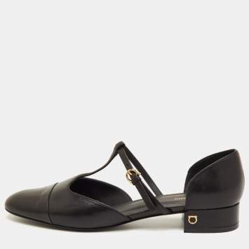 Pre Owned Salvatore Ferragamo Size 39.5 Black Leather T-Strap Ballet Flats