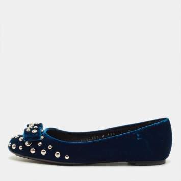 Pre Owned Salvatore Ferragamo Vara Bow Studded Size 35.5 Blue Velvet Ballet Flats