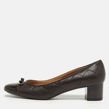 Pre Owned Salvatore Ferragamo Vara Bow Size 40 Dark Brown Patent and Quilted Leather Block Heel Pumps
