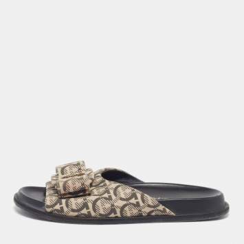 Pre Owned Salvatore Ferragamo Vara Bow Size 37 Beige/Grey Canvas Flat Slide