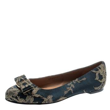 Pre Owned Salvatore Ferragamo  Blue Bordeaux Satin And Lace Tarita Ballet Flats Size 36.5