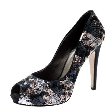 Pre Owned Salvatore Ferragamo Tricolor Sequins Embellished And Satin Peep Toe Platform Pumps Size 39