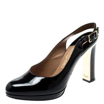 Pre Owned Salvatore Ferragamo Black Leather Slingback Block Heel Sandals Size 37.5
