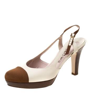 Pre Owned Salvatore Ferragamo White Leather And Brown Canvas Slingback Platform Sandals Size 39.5