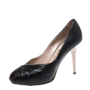 Pre Owned Salvatore Ferragamo Black Pleated Leather Peep Toe Pumps Size 37