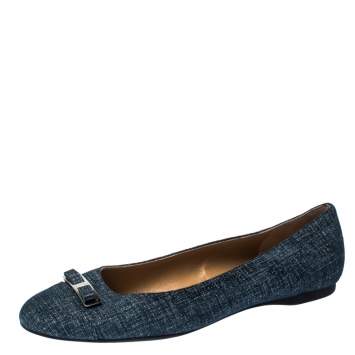 Pre Owned Salvatore Ferragamo Blue Denim Bow Ballet Flats Size 39