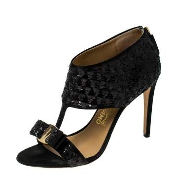 Pre Owned Salvatore Ferragamo Black Sequins and Satin Vara Bow Ankle Strap Sandals Size 38.5