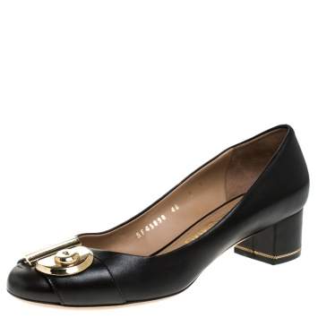 Pre Owned Salvatore Ferragamo Black Leather Fiamma Keyhole Block Heel Pumps Size 40
