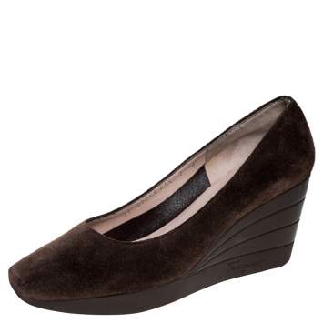 Pre Owned Salvatore Ferragamo Brown Suede Wedge Pumps Size 37.5