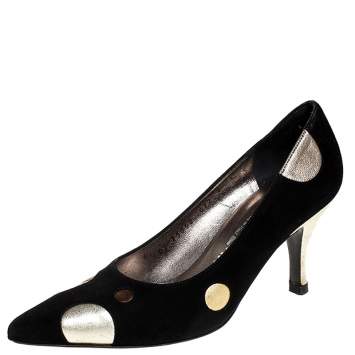 Pre Owned Salvatore Ferragamo Black Suede And Metallic Gold Circle Pointed Toe Pumps Size 36.5