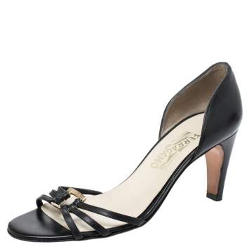 Pre Owned Salvatore Ferragamo Black Leather Strappy Gancini Logo Sandals Size 38.5