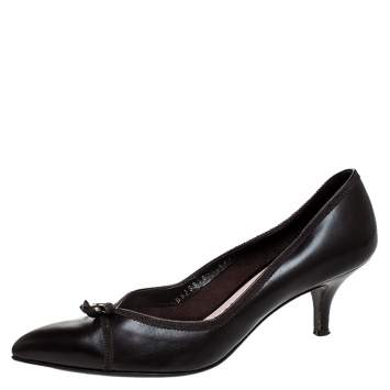 Pre Owned Salvatore Ferragamo Dark Brown Leather Bow Kitten Heel Pumps Size 38.5