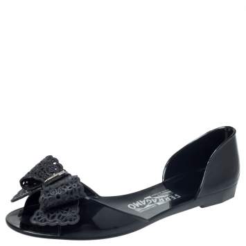 Pre Owned Salvatore Ferragamo Black Jelly Barbados Bow Flats Size 38.5