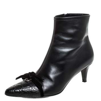 Pre Owned Salvatore Ferragamo Black Leather Velvet Bow Ankle Length Boots Size 37