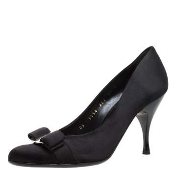 Pre Owned Salvatore Ferragamo Black Satin Vara Bow Round Toe Platform Pumps Size 36