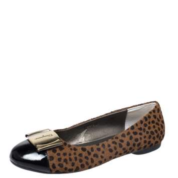 Pre Owned Salvatore Ferragamo Leopard Print Pony Hair And Patent Leather Sun Ballet Flats Size 37