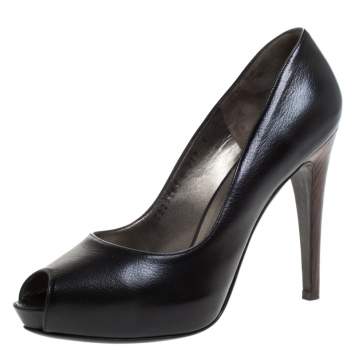 Pre Owned Salvatore Ferragamo Black Leather Fiordaliso Peep Toe Platform Pumps Size 38.5