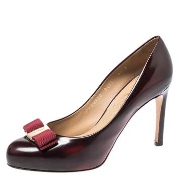 Pre Owned Salvatore Ferragamo Burgundy Leather Vara Bow Platform Pumps Size 37